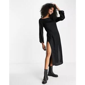 New Topshop Black Premium Jacquard Side-Slit Long Sleeve Midi Dress Women's 8
